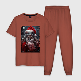 Мужская пижама хлопок с принтом Дед Мороз   зомби в Тюмени, 100% хлопок | брюки и футболка прямого кроя, без карманов, на брюках мягкая резинка на поясе и по низу штанин
 | Тематика изображения на принте: holiday | jaw | muzzle | new year | santa klaus | snow | teeth | zombie | дед мороз | зомби | зубы | новый год | пасть | праздник | снег