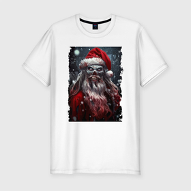 Мужская футболка хлопок Slim с принтом Дед Мороз   зомби в Белгороде, 92% хлопок, 8% лайкра | приталенный силуэт, круглый вырез ворота, длина до линии бедра, короткий рукав | holiday | jaw | muzzle | new year | santa klaus | snow | teeth | zombie | дед мороз | зомби | зубы | новый год | пасть | праздник | снег