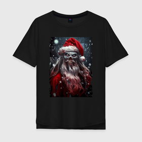 Мужская футболка хлопок Oversize с принтом Дед Мороз   зомби в Новосибирске, 100% хлопок | свободный крой, круглый ворот, “спинка” длиннее передней части | holiday | jaw | muzzle | new year | santa klaus | snow | teeth | zombie | дед мороз | зомби | зубы | новый год | пасть | праздник | снег