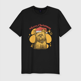 Мужская футболка хлопок Slim с принтом Merry Christmas в Тюмени, 92% хлопок, 8% лайкра | приталенный силуэт, круглый вырез ворота, длина до линии бедра, короткий рукав | art | christmas | dog | drawing | hat | new year | stars | арт | звезды | новый год | пес | рисунок | рождество | собака | собака в шапке
