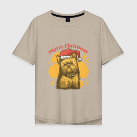 Мужская футболка хлопок Oversize с принтом Merry Christmas в Тюмени, 100% хлопок | свободный крой, круглый ворот, “спинка” длиннее передней части | art | christmas | dog | drawing | hat | new year | stars | арт | звезды | новый год | пес | рисунок | рождество | собака | собака в шапке
