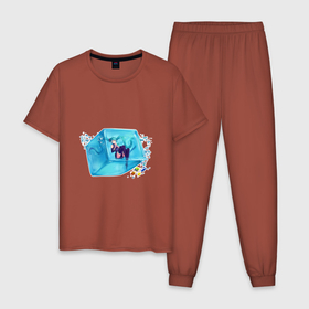 Мужская пижама хлопок с принтом в кубике льда в Курске, 100% хлопок | брюки и футболка прямого кроя, без карманов, на брюках мягкая резинка на поясе и по низу штанин
 | 2d | айс | аниме | анимешка | вода | голубые волосы | девушка | лед | пузыри | рыба | рыбки | тян | холод | японский