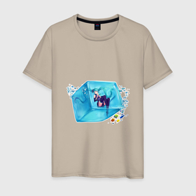 Мужская футболка хлопок с принтом в кубике льда в Екатеринбурге, 100% хлопок | прямой крой, круглый вырез горловины, длина до линии бедер, слегка спущенное плечо. | 2d | айс | аниме | анимешка | вода | голубые волосы | девушка | лед | пузыри | рыба | рыбки | тян | холод | японский