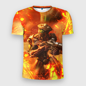 Мужская футболка 3D Slim с принтом Doom ART (+спина) в Белгороде, 100% полиэстер с улучшенными характеристиками | приталенный силуэт, круглая горловина, широкие плечи, сужается к линии бедра | doom | doom eternal | doom slayer | doomguy | дум | дум гай | думгай | солдат рока