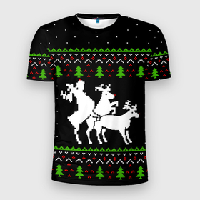 Мужская футболка 3D Slim с принтом Новогодние три оленя   ugly sweater в Тюмени, 100% полиэстер с улучшенными характеристиками | приталенный силуэт, круглая горловина, широкие плечи, сужается к линии бедра | Тематика изображения на принте: 