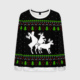 Мужской свитшот 3D с принтом Новогодние три оленя   ugly sweater в Новосибирске, 100% полиэстер с мягким внутренним слоем | круглый вырез горловины, мягкая резинка на манжетах и поясе, свободная посадка по фигуре | 