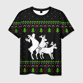 Мужская футболка 3D с принтом Новогодние три оленя   ugly sweater в Тюмени, 100% полиэфир | прямой крой, круглый вырез горловины, длина до линии бедер | Тематика изображения на принте: 