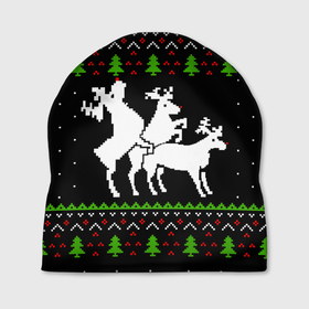 Шапка 3D с принтом Новогодние три оленя   ugly sweater в Кировске, 100% полиэстер | универсальный размер, печать по всей поверхности изделия | 