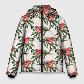 Мужская зимняя куртка 3D с принтом Снегири паттерн в Новосибирске, верх — 100% полиэстер; подкладка — 100% полиэстер; утеплитель — 100% полиэстер | длина ниже бедра, свободный силуэт Оверсайз. Есть воротник-стойка, отстегивающийся капюшон и ветрозащитная планка. 

Боковые карманы с листочкой на кнопках и внутренний карман на молнии. | зима | зимняя птица | новый год | птица | птичка | снегири | снегирь