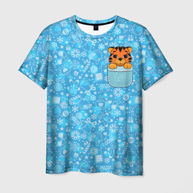Мужская футболка 3D с принтом Тигренок в кармашке в Санкт-Петербурге, 100% полиэфир | прямой крой, круглый вырез горловины, длина до линии бедер | 2022 | год тигра | новый год | новый год 2022 | символ года | тигр | тигренок | тигрица | тигры