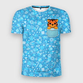Мужская футболка 3D спортивная с принтом Тигренок в кармашке в Курске, 100% полиэстер с улучшенными характеристиками | приталенный силуэт, круглая горловина, широкие плечи, сужается к линии бедра | 2022 | год тигра | новый год | новый год 2022 | символ года | тигр | тигренок | тигрица | тигры