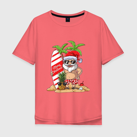 Мужская футболка хлопок Oversize с принтом Santa on Vibe в Белгороде, 100% хлопок | свободный крой, круглый ворот, “спинка” длиннее передней части | art | beach | christmas | new year | palm trees | pineapple | sand | santa | santa claus | surfing | vibe | ананас | арт | вайб | новый год | пальмы | песок | пляж | рождество | санта | санта клаус | серфинг