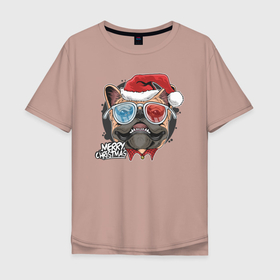 Мужская футболка хлопок Oversize с принтом Christmas Dog в Тюмени, 100% хлопок | свободный крой, круглый ворот, “спинка” длиннее передней части | art | christmas | dog | new year | pug | santa hat | арт | мопс | новый год | пес | рождество | собака | шапка санты