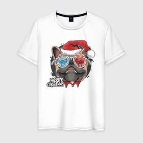 Мужская футболка хлопок с принтом Christmas Dog в Тюмени, 100% хлопок | прямой крой, круглый вырез горловины, длина до линии бедер, слегка спущенное плечо. | art | christmas | dog | new year | pug | santa hat | арт | мопс | новый год | пес | рождество | собака | шапка санты