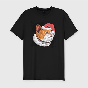 Мужская футболка хлопок Slim с принтом Christmas Cat в Екатеринбурге, 92% хлопок, 8% лайкра | приталенный силуэт, круглый вырез ворота, длина до линии бедра, короткий рукав | art | cat | christmas | kitty | new year | santa hat | арт | кот | котик | кошка | новый год | рождество | шапка санты