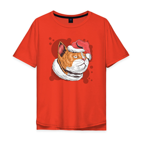 Мужская футболка хлопок Oversize с принтом Christmas Cat в Екатеринбурге, 100% хлопок | свободный крой, круглый ворот, “спинка” длиннее передней части | art | cat | christmas | kitty | new year | santa hat | арт | кот | котик | кошка | новый год | рождество | шапка санты