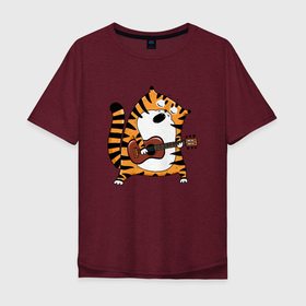Мужская футболка хлопок Oversize с принтом Тигр играет на гитаре в Санкт-Петербурге, 100% хлопок | свободный крой, круглый ворот, “спинка” длиннее передней части | 2022 | год тигра | новый год | новый год 2022 | символ года | тигр | тигренок | тигрица | тигры