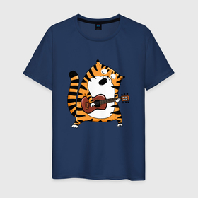 Мужская футболка хлопок с принтом Тигр играет на гитаре в Санкт-Петербурге, 100% хлопок | прямой крой, круглый вырез горловины, длина до линии бедер, слегка спущенное плечо. | 2022 | год тигра | новый год | новый год 2022 | символ года | тигр | тигренок | тигрица | тигры