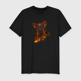 Мужская футболка хлопок Slim с принтом Дикий кот в огне в Новосибирске, 92% хлопок, 8% лайкра | приталенный силуэт, круглый вырез ворота, длина до линии бедра, короткий рукав | животные | кот | монстр | огонь | череп