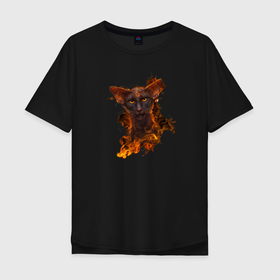 Мужская футболка хлопок Oversize с принтом Дикий кот в огне , 100% хлопок | свободный крой, круглый ворот, “спинка” длиннее передней части | животные | кот | монстр | огонь | череп
