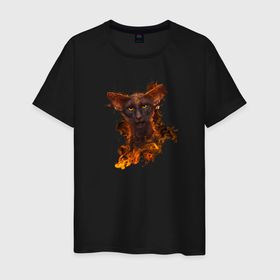 Мужская футболка хлопок с принтом Дикий кот в огне в Новосибирске, 100% хлопок | прямой крой, круглый вырез горловины, длина до линии бедер, слегка спущенное плечо. | Тематика изображения на принте: животные | кот | монстр | огонь | череп