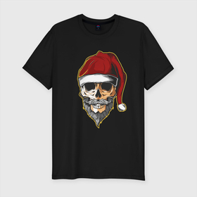 Мужская футболка хлопок Slim с принтом Santa Skull , 92% хлопок, 8% лайкра | приталенный силуэт, круглый вырез ворота, длина до линии бедра, короткий рукав | art | beard | hat | santa | skull | арт | борода | санта | череп | шапка