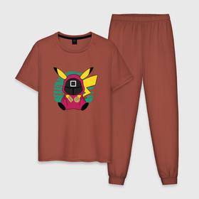 Мужская пижама хлопок с принтом Pika game , 100% хлопок | брюки и футболка прямого кроя, без карманов, на брюках мягкая резинка на поясе и по низу штанин
 | pikachu | pokemon | squid game | игра кальмара | пикачу | покемон