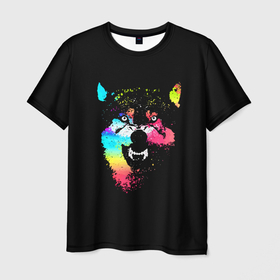 Мужская футболка 3D с принтом Неоновый свирепый волк , 100% полиэфир | прямой крой, круглый вырез горловины, длина до линии бедер | color | enemy | fangs | force | grin | jaw | power | wolf | волк | зверь | клыки | мощь | неон | оскал | пасть | сила | цвет