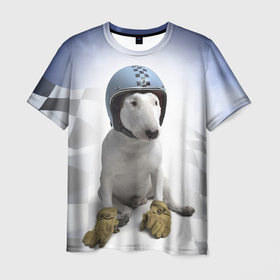 Мужская футболка 3D с принтом Bully   легендарный гонщик в Санкт-Петербурге, 100% полиэфир | прямой крой, круглый вырез горловины, длина до линии бедер | bull terrier | dog | flag | gloves | helmet | motorsport | muzzle | paws | racer | автоспорт | бультерьер | гонщик | лапы | перчатки | собака | флаг | шлем