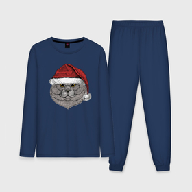 Мужская пижама хлопок (с лонгсливом) с принтом Новогодний котик в шапке в Рязани,  |  | 2022 | christmas | new year | животные | звери | зверюшки | кавай | кот | котик | милота | милый | нг | новогодний | новый год | рождество