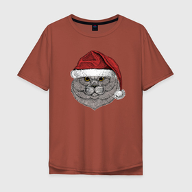Мужская футболка хлопок Oversize с принтом Новогодний котик в шапке в Екатеринбурге, 100% хлопок | свободный крой, круглый ворот, “спинка” длиннее передней части | 2022 | christmas | new year | животные | звери | зверюшки | кавай | кот | котик | милота | милый | нг | новогодний | новый год | рождество