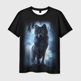 Мужская футболка 3D с принтом ВОЛК БРОДЯГА в Тюмени, 100% полиэфир | прямой крой, круглый вырез горловины, длина до линии бедер | animals | dark | gray | hunter | night | wolf | бродяга | волк | животные | звери | ночь | одиночка | охотник | серый | хищник