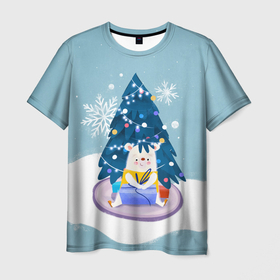 Мужская футболка 3D с принтом Медвежонок под новогодней елкой в Петрозаводске, 100% полиэфир | прямой крой, круглый вырез горловины, длина до линии бедер | 2022 | christmas | new year | животные | звери | зверюшки | зима | кавай | медведь | медвежонок | милота | милый | мишка | нг | новогодний | новый год | рождество | снег