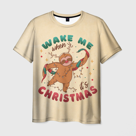 Мужская футболка 3D с принтом Новогодний ленивец в Белгороде, 100% полиэфир | прямой крой, круглый вырез горловины, длина до линии бедер | 2022 | christmas | new year | животные | звери | зверюшки | кавай | милота | милый | нг | новогодний | новый год | рождество
