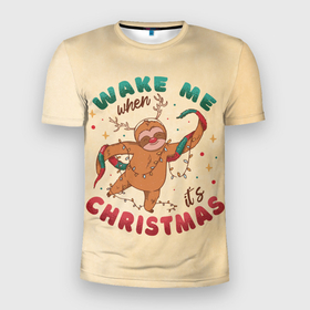 Мужская футболка 3D спортивная с принтом Новогодний ленивец в Тюмени, 100% полиэстер с улучшенными характеристиками | приталенный силуэт, круглая горловина, широкие плечи, сужается к линии бедра | 2022 | christmas | new year | животные | звери | зверюшки | кавай | милота | милый | нг | новогодний | новый год | рождество