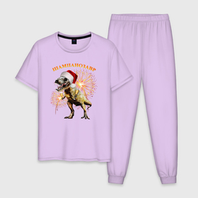 Мужская пижама хлопок с принтом Новогодний шампанозавр , 100% хлопок | брюки и футболка прямого кроя, без карманов, на брюках мягкая резинка на поясе и по низу штанин
 | бокалы | динозавр | праздник | салют | шапка