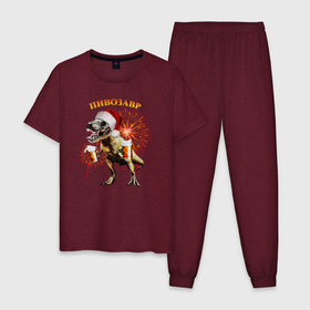Мужская пижама хлопок с принтом Салют пивозавр , 100% хлопок | брюки и футболка прямого кроя, без карманов, на брюках мягкая резинка на поясе и по низу штанин
 | динозавр | огни | салют | шапка