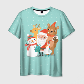 Мужская футболка 3D с принтом Звери и Дед Мороз в Белгороде, 100% полиэфир | прямой крой, круглый вырез горловины, длина до линии бедер | 2022 | christmas | new year | животные | звери | зверюшки | кавай | милота | милый | нг | новогодний | новый год | рождество