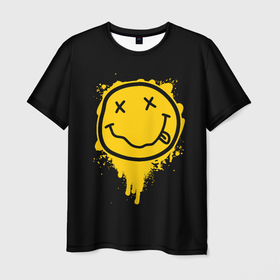 Мужская футболка 3D с принтом NIRVANA LOGO SMILE, БРЫЗГИ КРАСОК в Петрозаводске, 100% полиэфир | прямой крой, круглый вырез горловины, длина до линии бедер | band | cobain | face | kurt | logo | music | nirvana | rock | rocknroll | группа | кобейн | курт | лого | логотип | музыка | музыкальная | нирвана | рожица | рок | рокнролл | символ