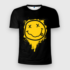 Мужская футболка 3D Slim с принтом NIRVANA LOGO SMILE, БРЫЗГИ КРАСОК в Санкт-Петербурге, 100% полиэстер с улучшенными характеристиками | приталенный силуэт, круглая горловина, широкие плечи, сужается к линии бедра | band | cobain | face | kurt | logo | music | nirvana | rock | rocknroll | группа | кобейн | курт | лого | логотип | музыка | музыкальная | нирвана | рожица | рок | рокнролл | символ
