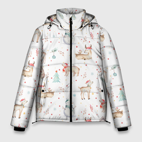 Мужская зимняя куртка 3D с принтом Паттерн с оленями и медведями в Тюмени, верх — 100% полиэстер; подкладка — 100% полиэстер; утеплитель — 100% полиэстер | длина ниже бедра, свободный силуэт Оверсайз. Есть воротник-стойка, отстегивающийся капюшон и ветрозащитная планка. 

Боковые карманы с листочкой на кнопках и внутренний карман на молнии. | Тематика изображения на принте: 2022 | christmas | new year | животные | звери | зверюшки | кавай | медведь | медвежата | милота | милый | нг | новогодний | новый год | олени | олень | рождество