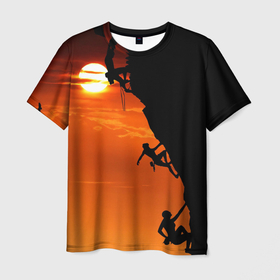 Мужская футболка 3D с принтом СКАЛОЛАЗЫ В ЗАКАТЕ в Санкт-Петербурге, 100% полиэфир | прямой крой, круглый вырез горловины, длина до линии бедер | mounting | shadow | sun | альпинизм | горы | закат | природа | скалолаз | солнце | спорт | тень