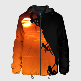Мужская куртка 3D с принтом СКАЛОЛАЗЫ В ЗАКАТЕ в Новосибирске, ткань верха — 100% полиэстер, подклад — флис | прямой крой, подол и капюшон оформлены резинкой с фиксаторами, два кармана без застежек по бокам, один большой потайной карман на груди. Карман на груди застегивается на липучку | mounting | shadow | sun | альпинизм | горы | закат | природа | скалолаз | солнце | спорт | тень