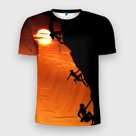 Мужская футболка 3D Slim с принтом СКАЛОЛАЗЫ В ЗАКАТЕ в Тюмени, 100% полиэстер с улучшенными характеристиками | приталенный силуэт, круглая горловина, широкие плечи, сужается к линии бедра | mounting | shadow | sun | альпинизм | горы | закат | природа | скалолаз | солнце | спорт | тень
