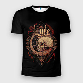 Мужская футболка 3D Slim с принтом LOG Skull в Тюмени, 100% полиэстер с улучшенными характеристиками | приталенный силуэт, круглая горловина, широкие плечи, сужается к линии бедра | alternative | lamb of god | log | metall | music | rock | альтернатива | ламб оф гад | ламб оф год | металл | музыка | рок