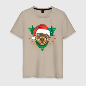 Мужская футболка хлопок с принтом Christmas Dog в Петрозаводске, 100% хлопок | прямой крой, круглый вырез горловины, длина до линии бедер, слегка спущенное плечо. | christmas | dog | new year | santa hat | trees | елки | новый год | пес | рождество | собака | шапка санты