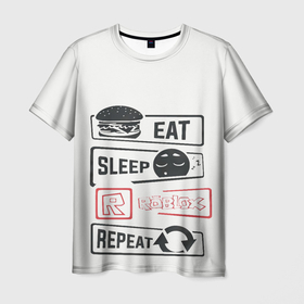 Мужская футболка 3D с принтом Roblox repeat в Новосибирске, 100% полиэфир | прямой крой, круглый вырез горловины, длина до линии бедер | Тематика изображения на принте: eat | game | repeat | roblox | sleep