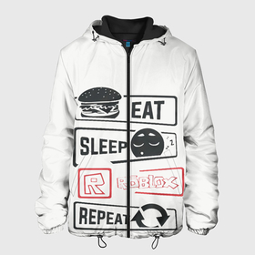Мужская куртка 3D с принтом Roblox repeat в Новосибирске, ткань верха — 100% полиэстер, подклад — флис | прямой крой, подол и капюшон оформлены резинкой с фиксаторами, два кармана без застежек по бокам, один большой потайной карман на груди. Карман на груди застегивается на липучку | Тематика изображения на принте: eat | game | repeat | roblox | sleep