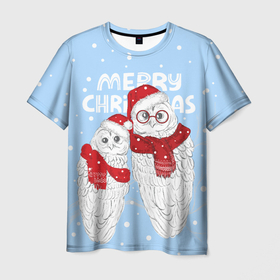 Мужская футболка 3D с принтом С Рождеством Совы в Белгороде, 100% полиэфир | прямой крой, круглый вырез горловины, длина до линии бедер | 2022 | christmas | new year | животные | звери | зверюшки | кавай | милота | милый | нг | новогодний | новый год | рождество