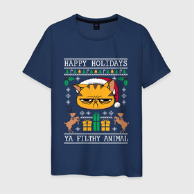 Мужская футболка хлопок с принтом Christmas Cat в Тюмени, 100% хлопок | прямой крой, круглый вырез горловины, длина до линии бедер, слегка спущенное плечо. | art | cat | christmas | deer | gifts | holiday | new year | snowflakes | арт | кот | новый год | олени | подарки | праздник | рождество | снежинки